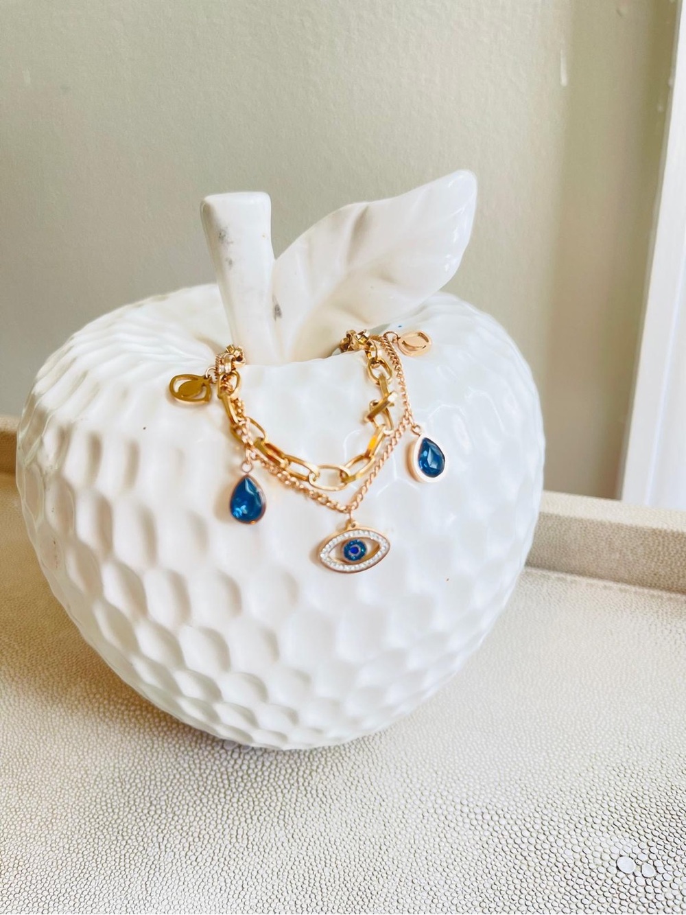 Gold Chain Bracelet with Blue Teardrop Charms and Evil Eye
